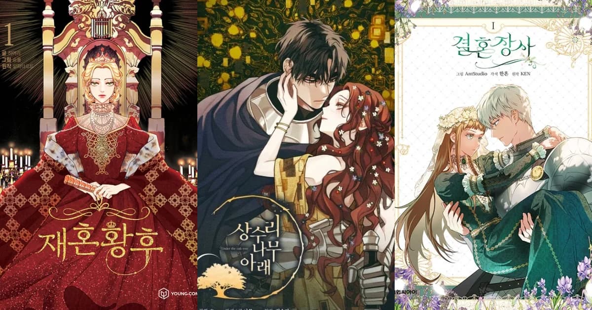 Three arranged-marriage manhwa covers show an empress on a throne and two couples in ornate formal settings