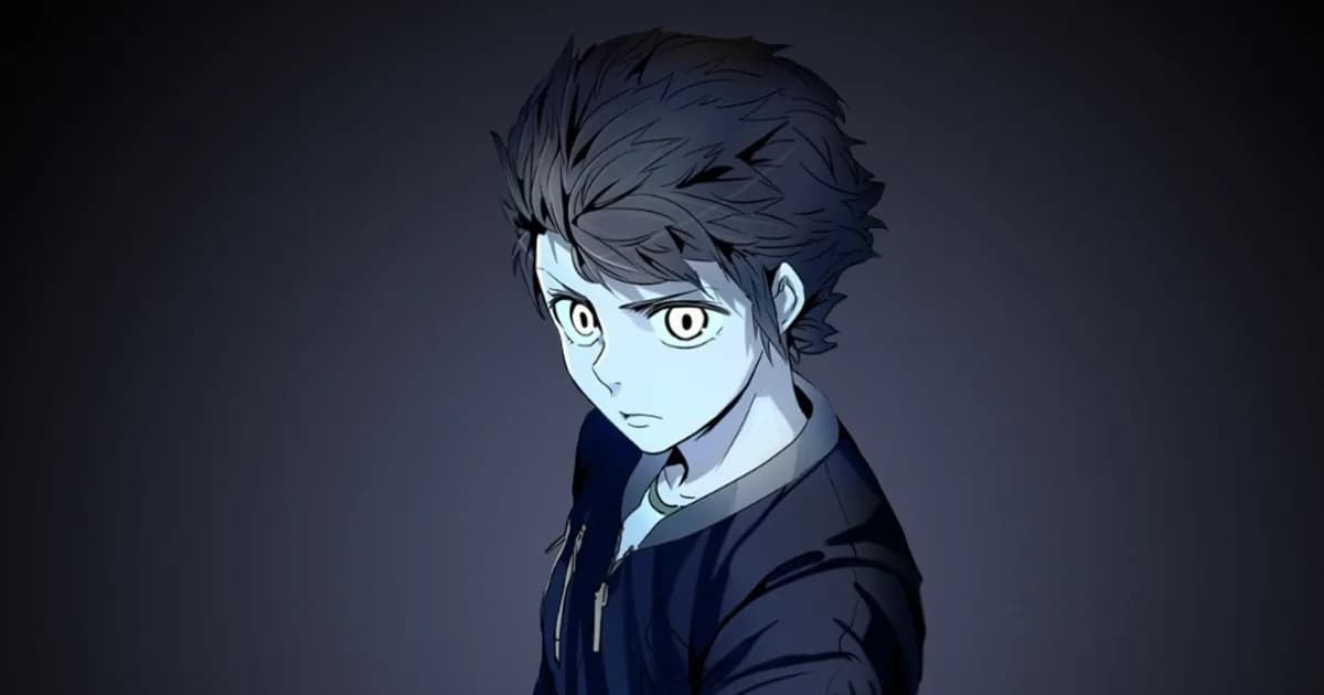 Bam from Tower of God in close-up portrait, pale face and white eyes looking over his shoulder against a dark blue background