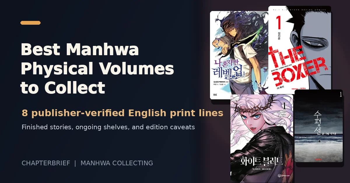 Eight verified manhwa print covers arranged beside a shelf checklist for English collectors
