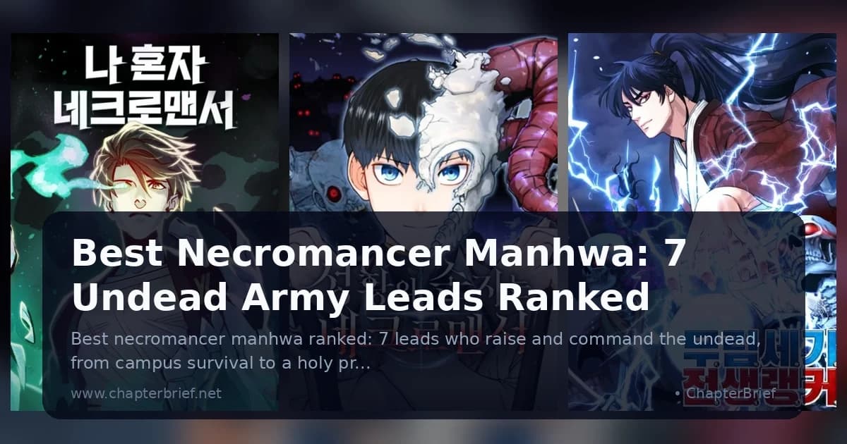 Three Korean necromancer manhwa covers side by side: a lead with green spirit flames, a boy with half a skull mask, and a swordsman summoning skeletons in lightning
