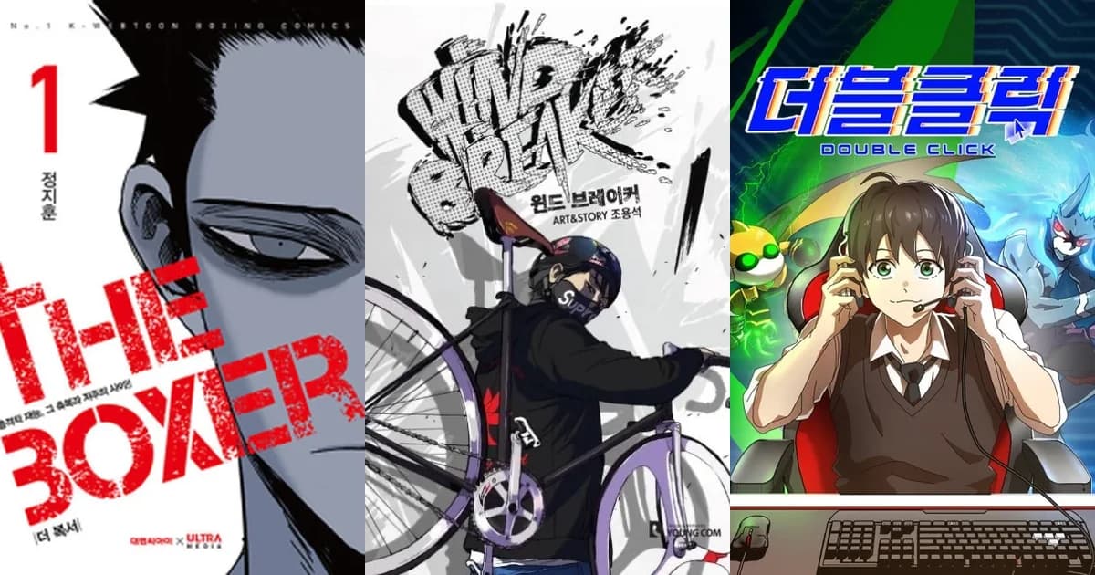 Three sports manhwa covers show a boxer, fixed-gear cyclist, and headset gamer in a 1200 by 630 collage