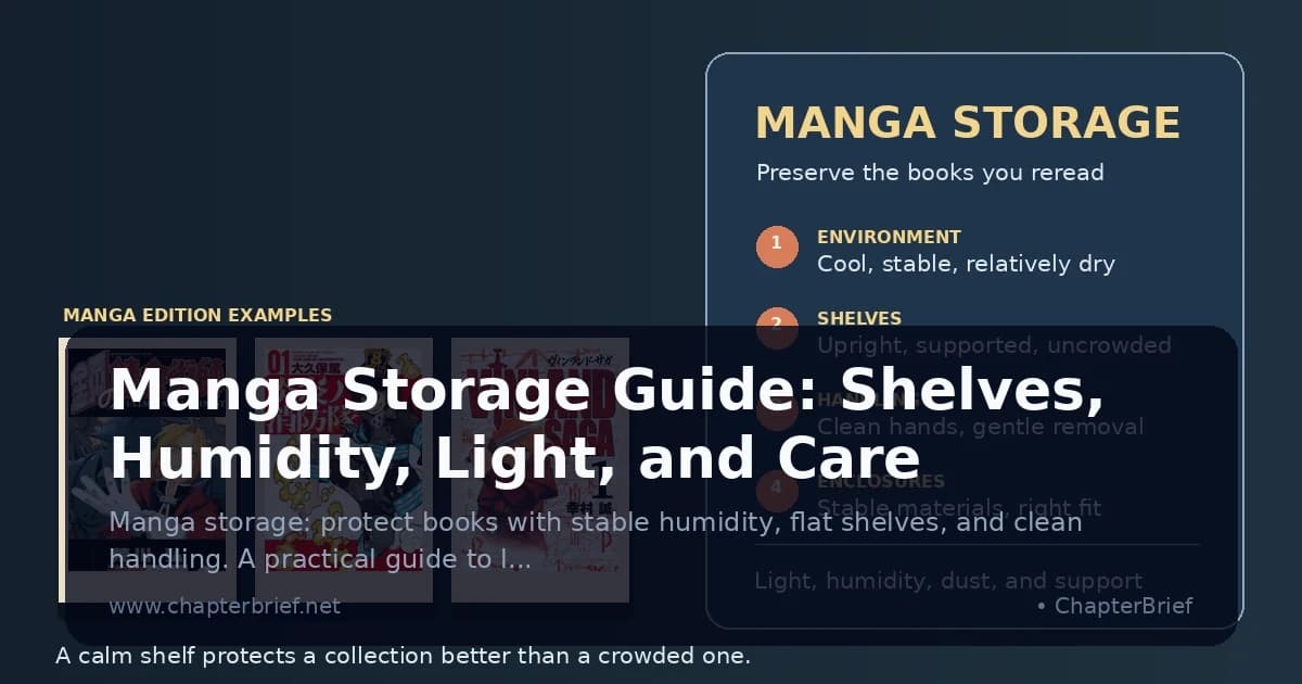 Fullmetal Alchemist, Fire Force and Vinland Saga covers beside a four-step manga storage checklist