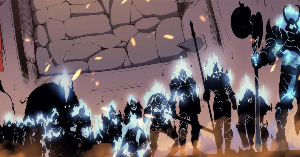 Sung Jin-Woo standing before a massive dungeon gate, shadow soldiers materializing behind him in the darkness
