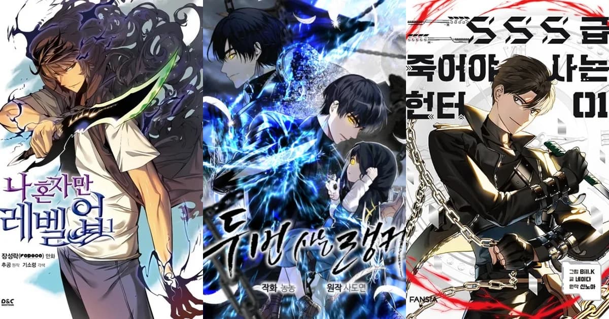 Korean-edition covers of Solo Leveling, Second Life Ranker and SSS-Class Revival Hunter side by side, three series linked to Tapas