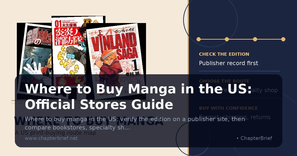 Fullmetal Alchemist, Fire Force and Vinland Saga covers beside a three-step manga buying checklist