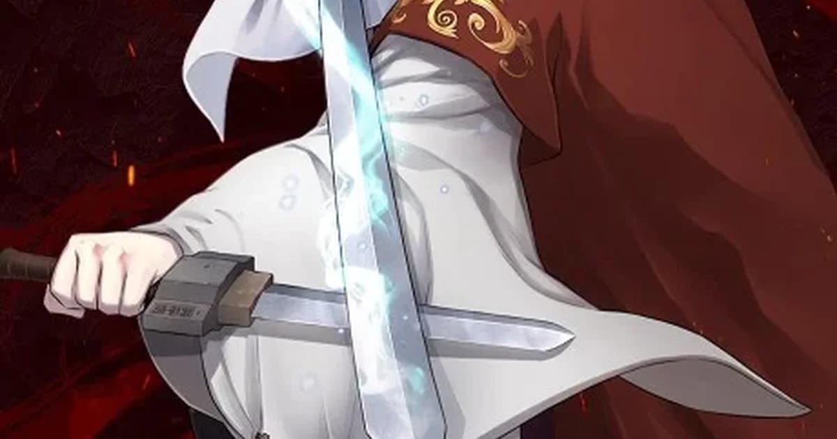 Crop of the Korean Absolute Sword Sense cover: a white-robed swordsman draws a glowing blue blade from its sheath, red cloak and embers behind him