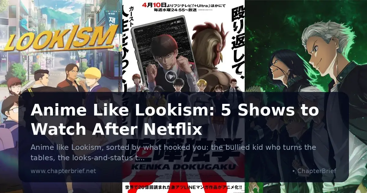 Three anime posters side by side: the Lookism cast on a city street under a yellow logo, Viral Hit's Japanese key visual with Hobin Yu raising his fists inside a phone screen, and the WIND BREAKER crew in black jackets against a green glow