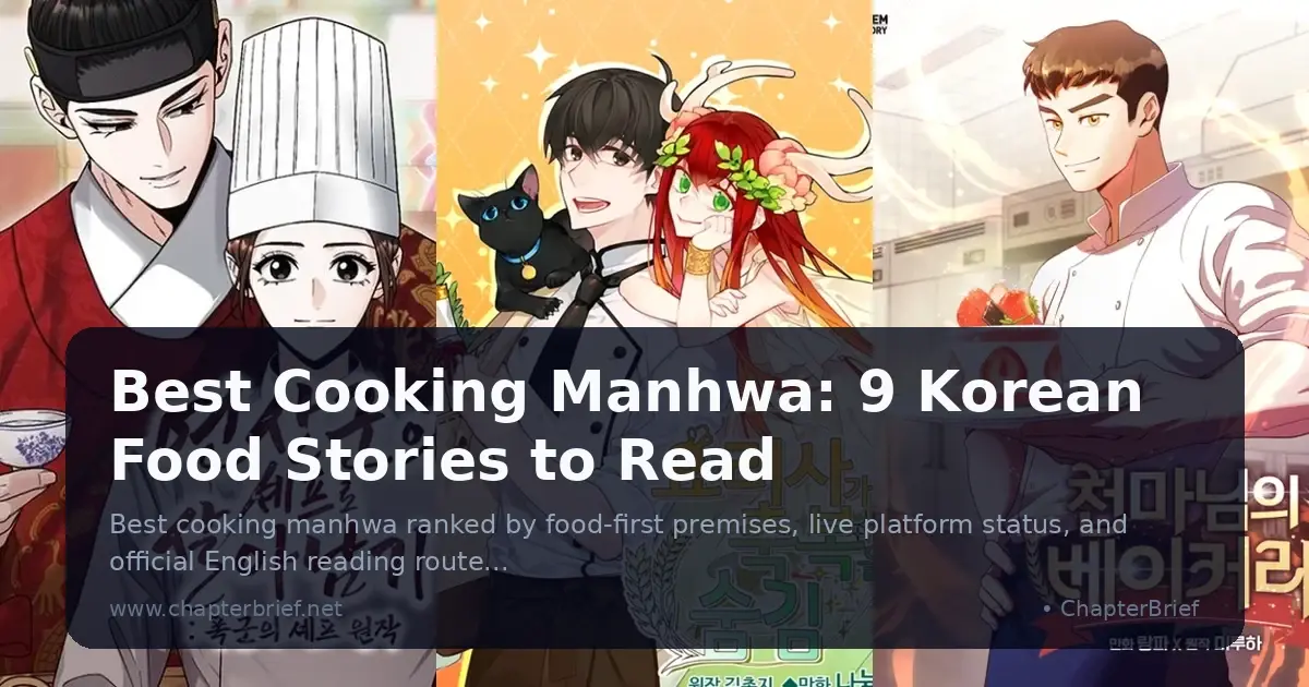 Three manhwa covers: a royal in red robes beside a woman chef, a chef with a black cat and a red-haired girl, and a chef holding a strawberry cake