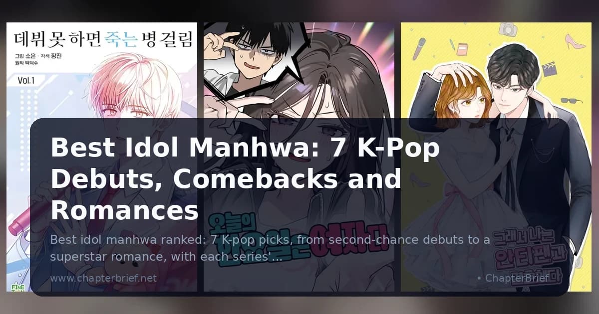 Three Korean idol manhwa covers: a blond trainee holding a pink microphone, a startled dark-haired girl, and a couple in a white dress and black suit