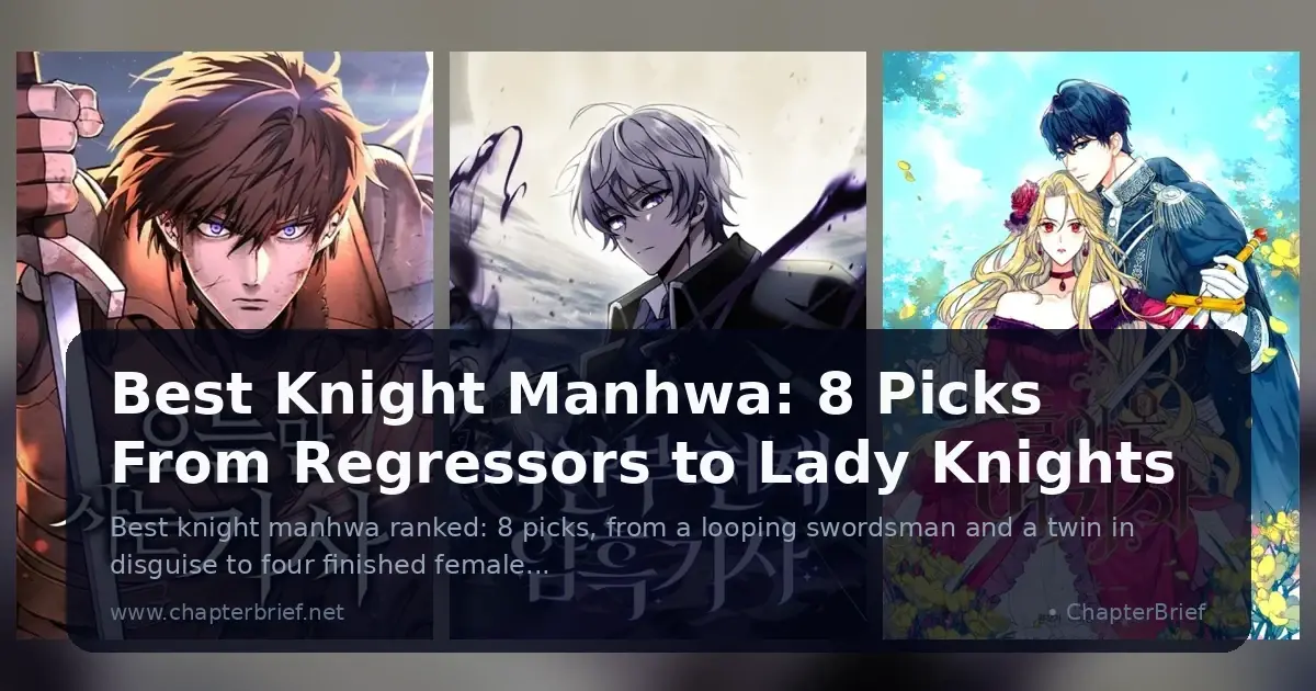 Three Korean knight manhwa covers side by side: a brown-haired swordsman gripping his blade, a pale knight in a black coat, and a blonde lady knight holding a sword