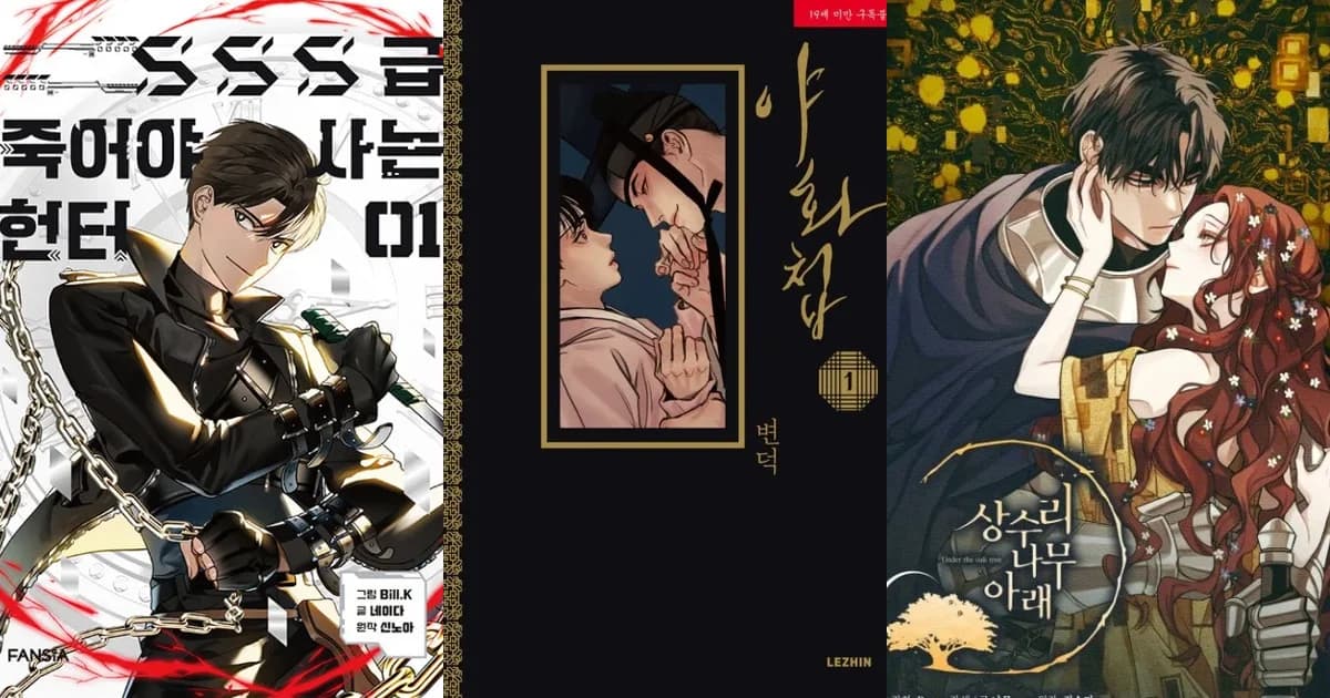 Three-panel collage: SSS-Class Revival Hunter action fantasy, Painter of the Night historical BL, and Under the Oak Tree romance manhwa -- each from a different non-WEBTOON platform
