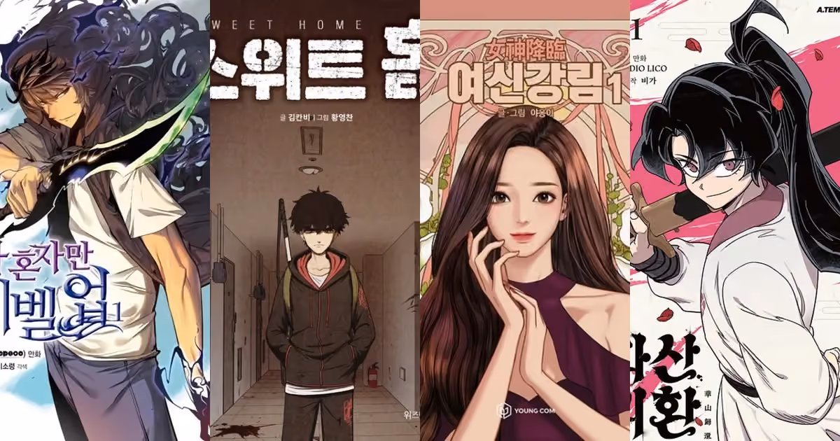 Four-panel manhwa cover collage spanning genres: Solo Leveling's shadow monarch, Sweet Home's horror stairwell, True Beauty's romance lead, and Return of the Blossoming Blade's swordswoman
