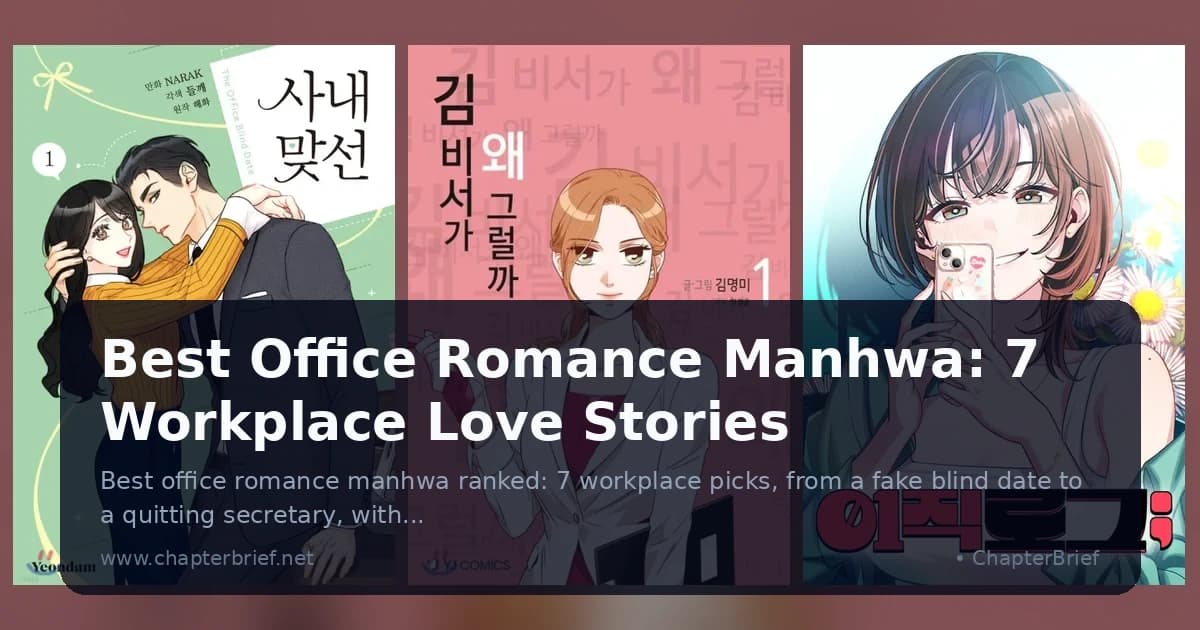Three Korean office romance manhwa covers: a couple embracing in office clothes, a secretary in a white blazer, and a woman taking a phone selfie