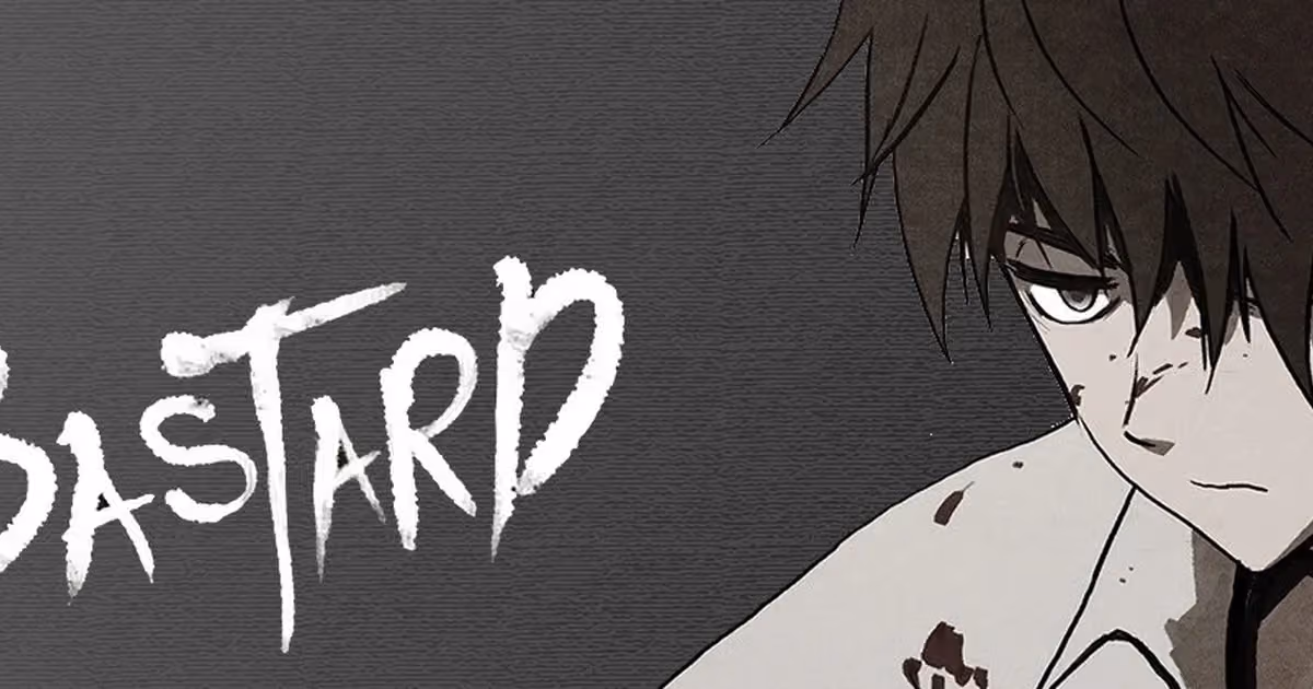 Seon Jin from Bastard manhwa, bruised and bloodstained, looking down intensely against a dark gray background with the series title