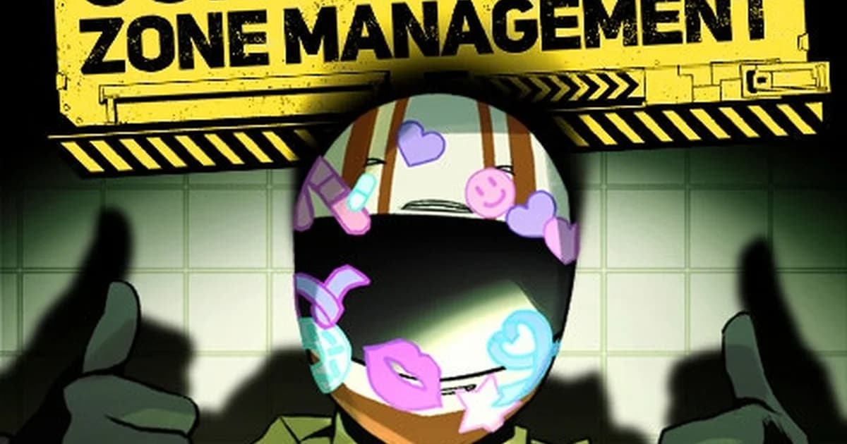 Containment Zone Management poster: a Department 2 worker in a hazmat suit gives a double thumbs up, helmet visor covered in heart and smiley stickers, under a caution-tape title
