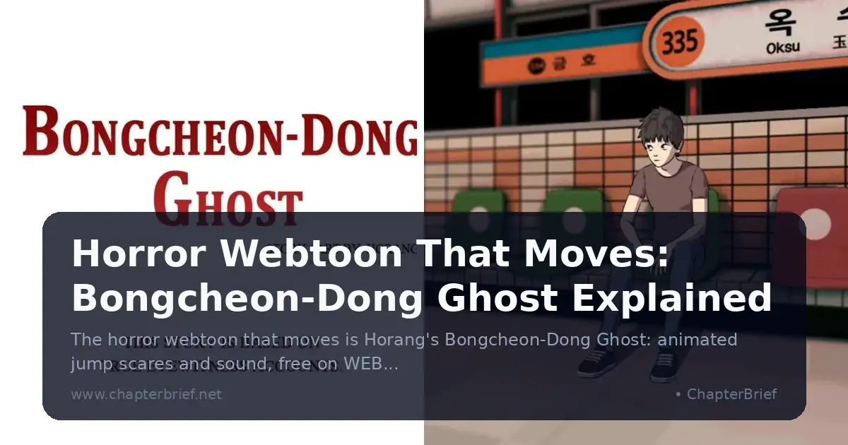Bongcheon-Dong Ghost title card in red serif letters beside a panel from The Ghost of Oksu Station showing a young man alone on a subway platform bench under the Oksu station sign