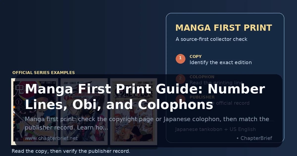 Demon Slayer, Yu-Gi-Oh! 5D's and One Piece volume one covers beside a three-step first-print checklist