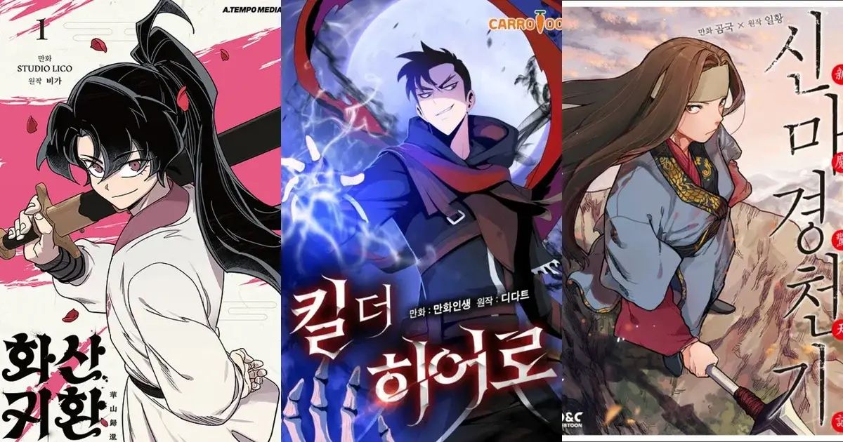 Side-by-side covers of Return of the Blossoming Blade, Kill the Hero, and Chronicles of the Heavenly Demon, three regression manhwa similar to Swordmaster's Youngest Son