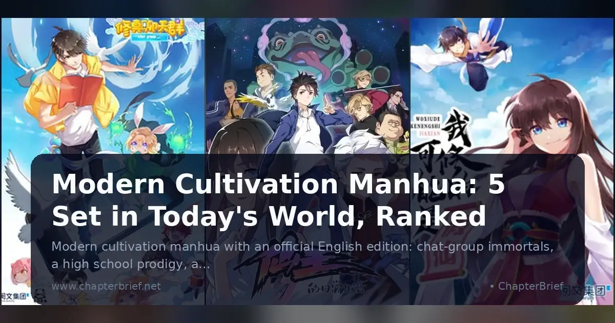 Three manhua covers side by side: a student in a yellow jacket leaping out of a phone screen with doves, a high school crowd under a giant green toad, and a girl in red robes below a flying swordsman