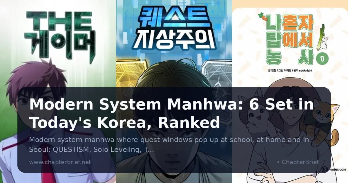 Three Korean manhwa covers side by side: The Gamer's smiling student in a blue shirt and red tie, QUESTISM's glaring black-haired student with pale blue eyes between glowing cards, and The Top Dungeon Farmer's young man with a white rabbit and an orange cat