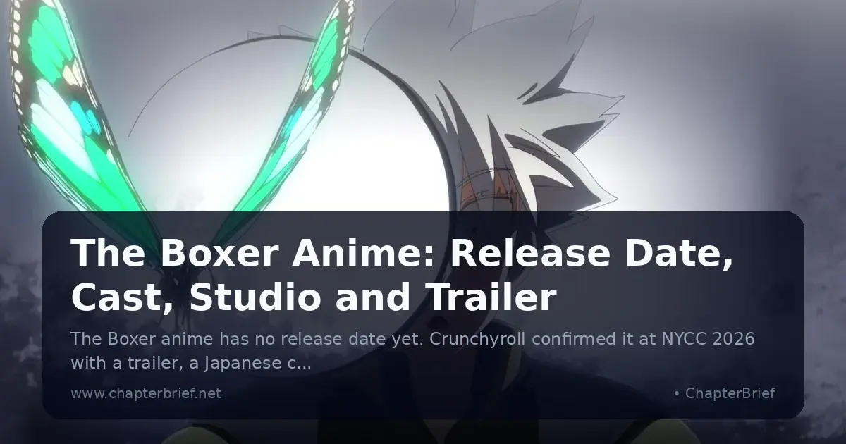 A white-haired young fighter stares past a glowing green butterfly in a frame from The Boxer anime trailer