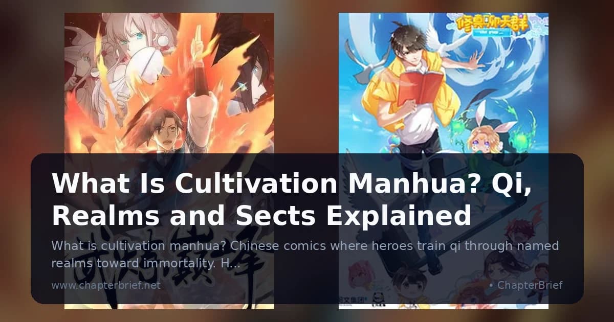 Martial Peak and Cultivation Chat Group manhua covers side by side: a young man in blue robes raising one finger amid flames, and a student in a yellow jacket leaping out of a phone screen with doves