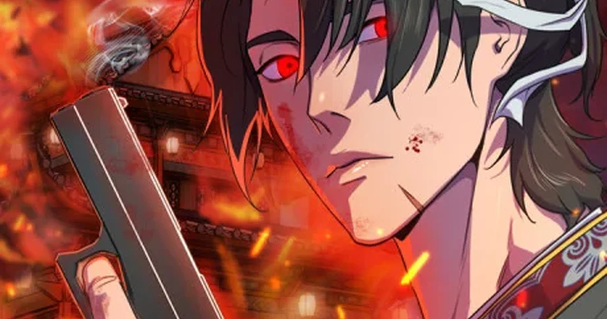 Gun Gaek cover showing a red-eyed assassin holding a pistol against a burning murim street