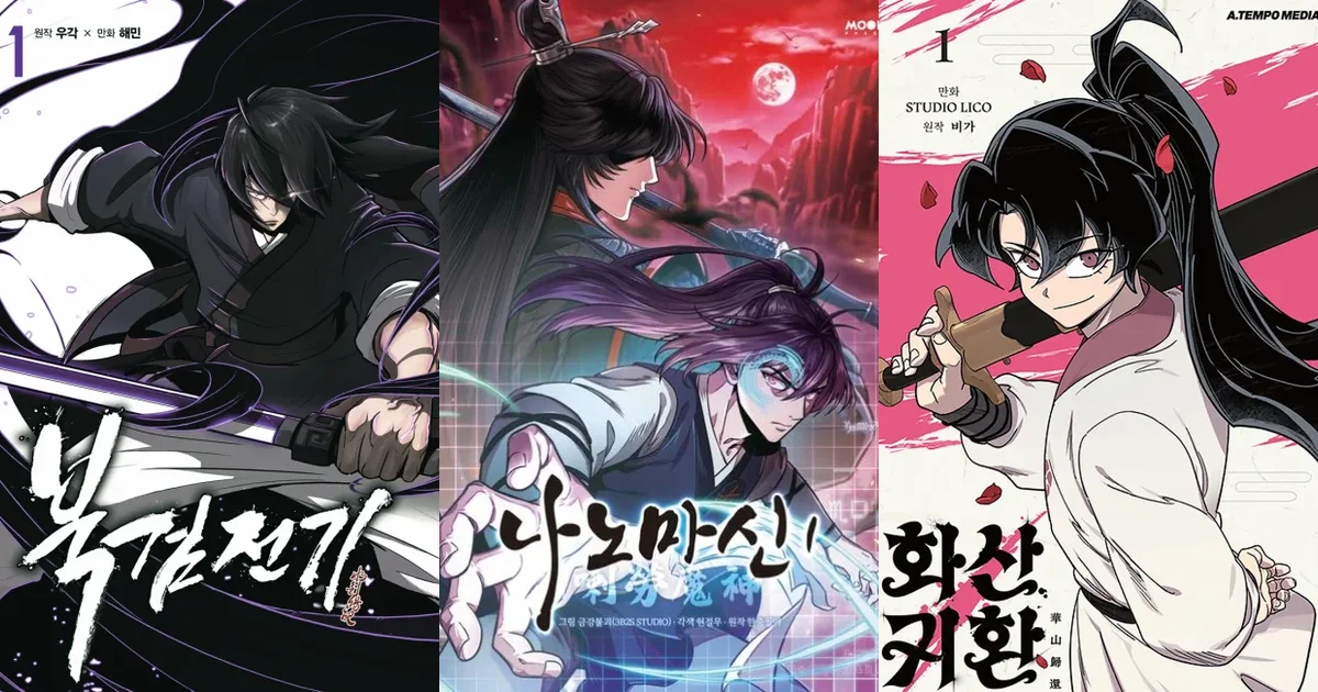 Legend of the Northern Blade, Nano Machine, and Return of the Blossoming Blade manhwa covers arranged side by side, showing three murim art styles from swordplay to cultivation energy effects