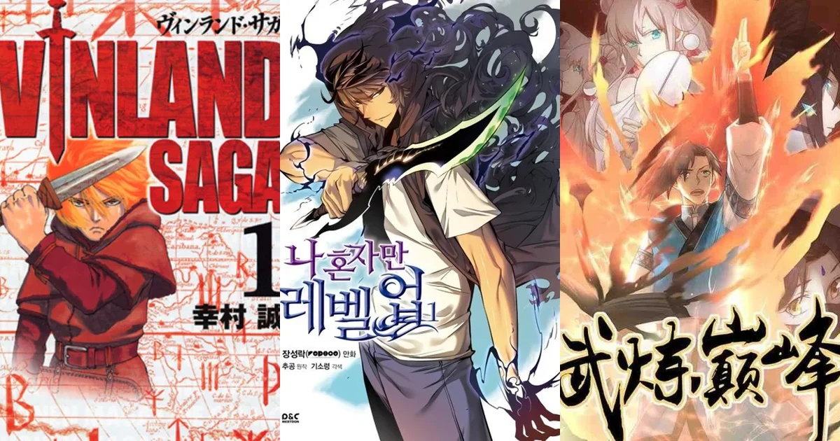 Three official cover volumes side by side: Vinland Saga's Japanese manga cover with kanji text, Solo Leveling's Korean manhwa cover with Hangul title, and Martial Peak's Chinese manhua cover with Hanzi characters