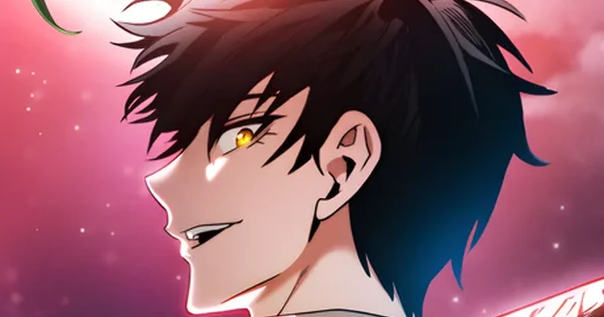 Ronan Lahdmir in close-up profile, one glowing amber eye and a faint blade edge visible, pink gradient background, official Academy's Genius Swordsman WEBTOON cover art