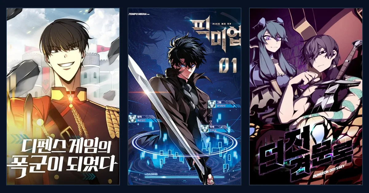 Tyrant of the Tower Defense Game, Pick Me Up, and Dungeon Odyssey covers in a dark blue strategy manhwa collage