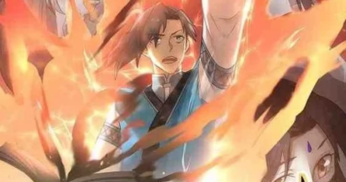 Yang Kai from Martial Peak with one fist raised overhead, engulfed in orange flame-like qi energy during a cultivation breakthrough