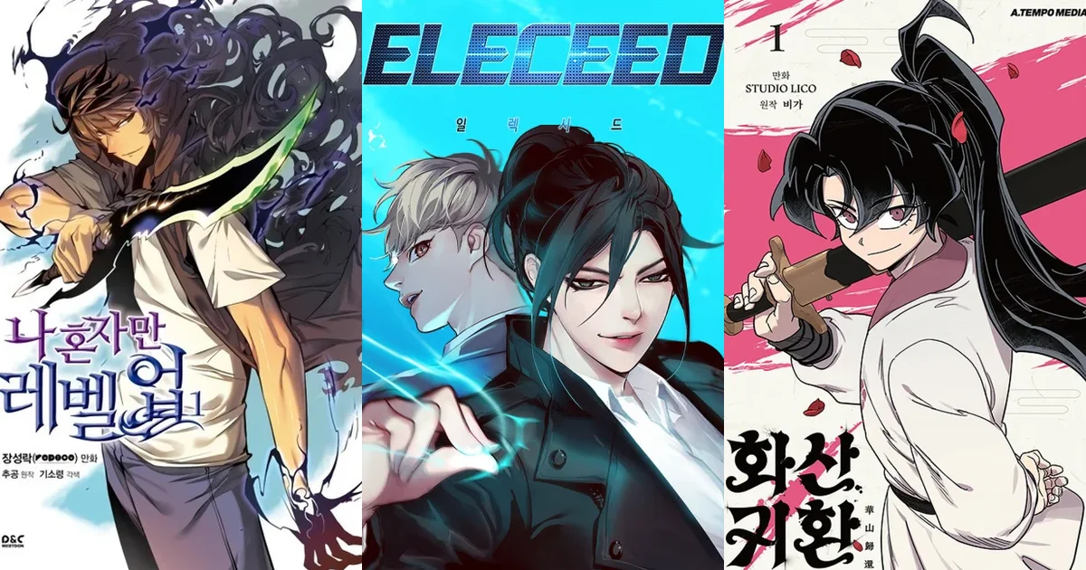 Three-panel collage of Solo Leveling, Eleceed, and Return of the Blossoming Blade manhwa covers representing the system, hidden-power, and returner OP MC sub-tropes
