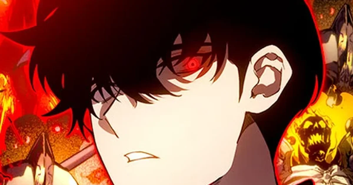 Rise of the Limitless Necromancer official WEBTOON key art, the reincarnated necromancer's glowing red eye lit by fire beside two grinning undead skulls