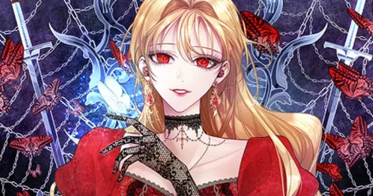 Roxana with blonde hair and red eyes framed by chains, swords, and red butterflies