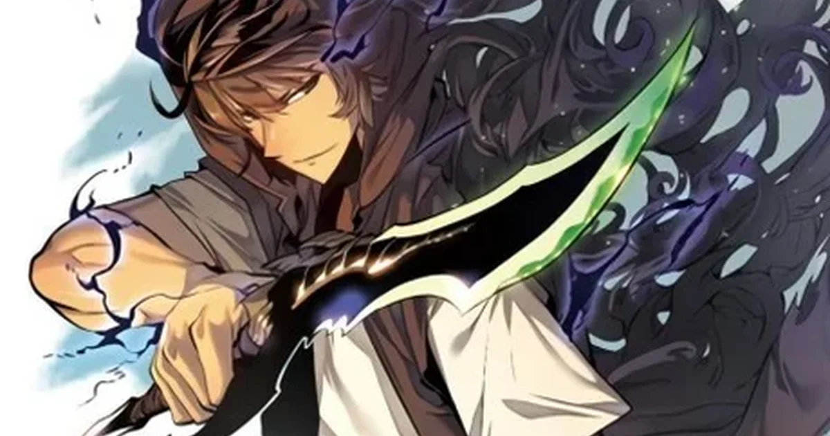 Sung Jin-Woo gripping a curved dagger with dark shadow energy coiling around him on the official Solo Leveling manhwa cover