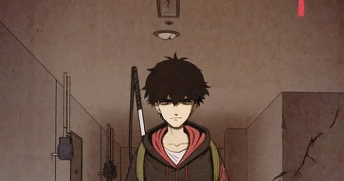 Sweet Home volume 1 cover art: Cha Hyun-su alone in a dim apartment corridor, blood stains on the floor