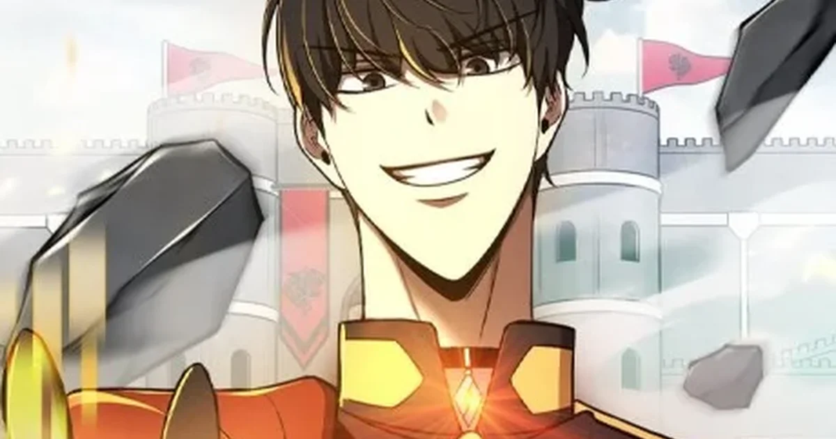Prince Ash grinning in front of a besieged castle, gold-trimmed red military coat, floating rock debris around him, official cover art