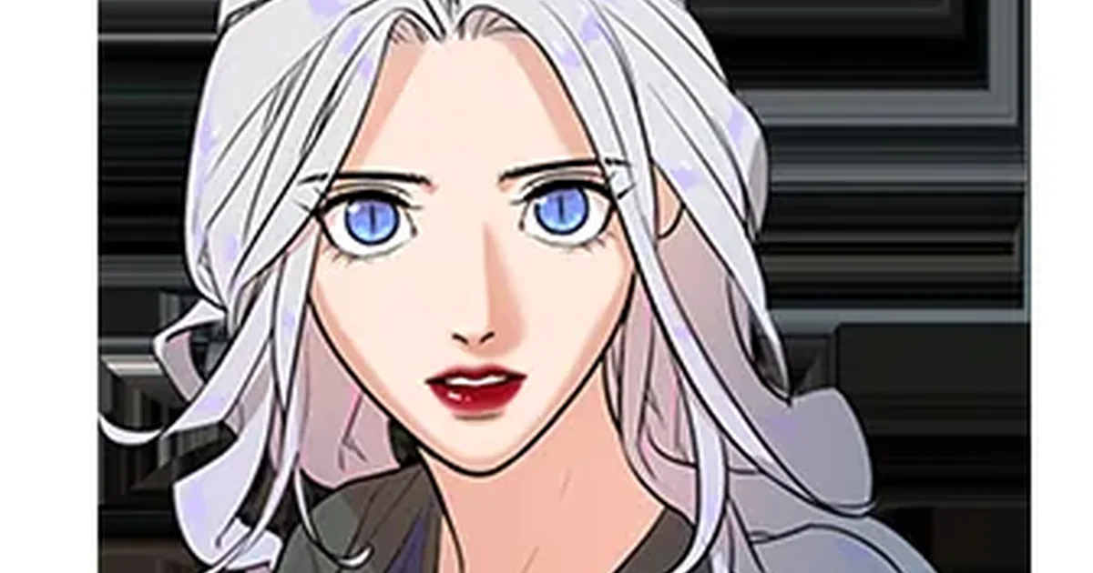Close-up of Hayan Park in her pureblood vampire form, white hair and glowing blue eyes, red lips, dark clothing against a shadowed background