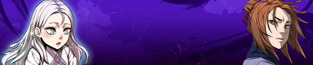 Absolute Sword Sense promotional banner art showing Woonhwi So with a sharp, guarded expression beside a startled white-haired ally, set against a purple ink-splattered murim backdrop