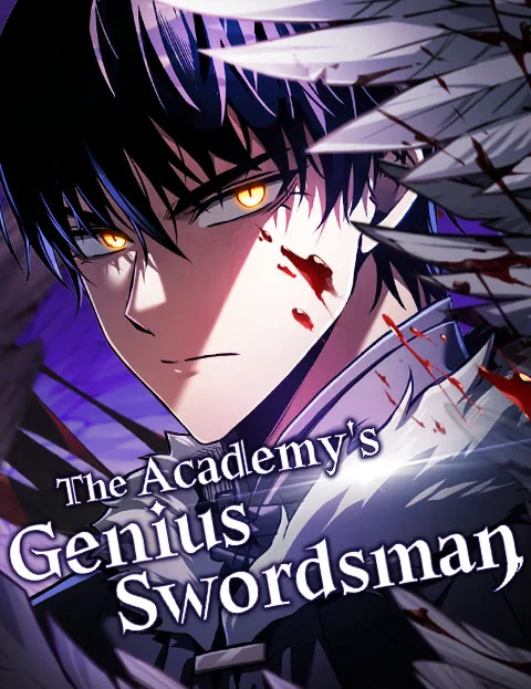 The Academy's Genius Swordsman WEBTOON poster: Ronan with dark hair and golden eyes, blood on his cheek, framed by dark feathers above the English title