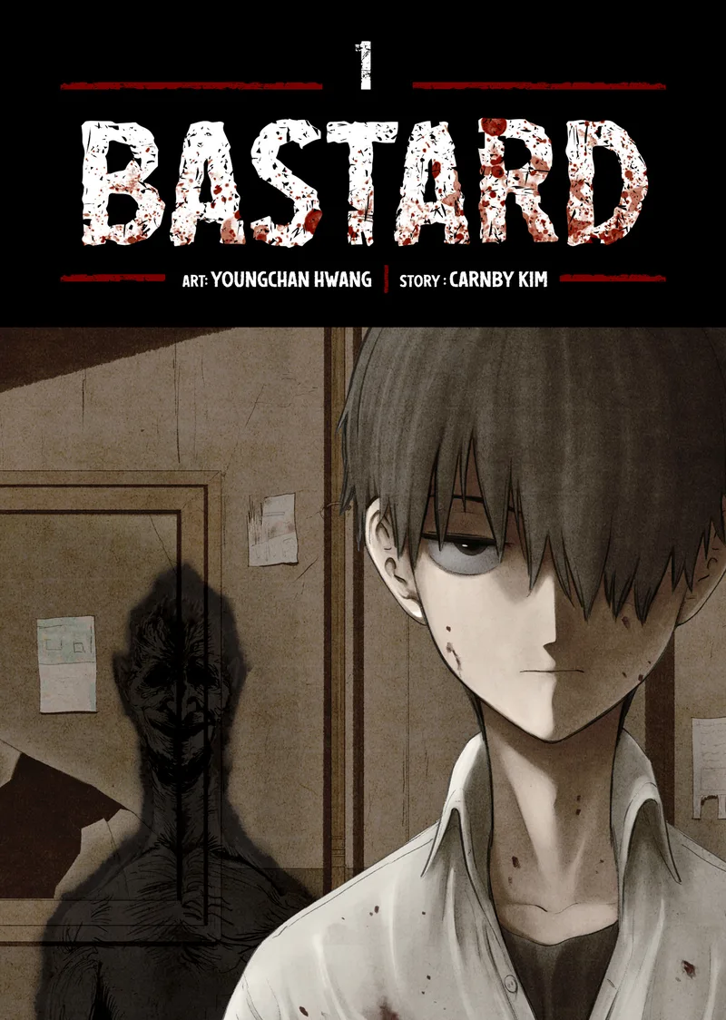 Bastard Volume 1 cover from Seven Seas: a pale teen in a blood-flecked white shirt in the foreground, a grinning shadowy figure looming behind him