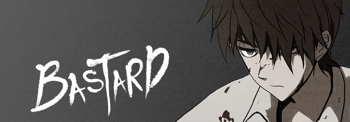 Bastard manhwa promotional banner depicting the series' noir atmosphere and the tense spatial dynamic between Jin Seon and his father