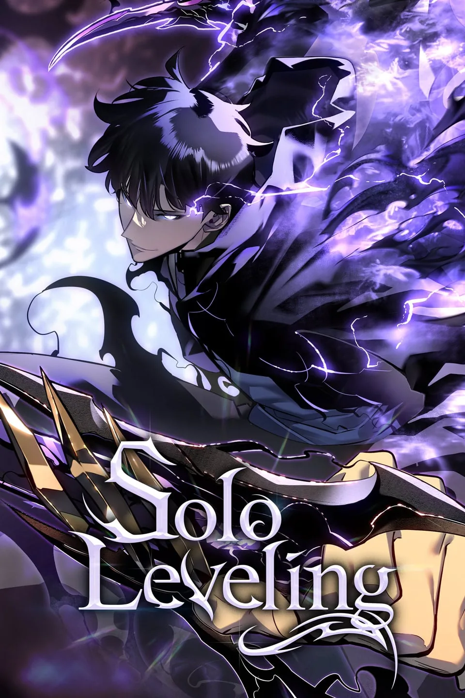 Solo Leveling manhwa official cover showing Sung Jinwoo in shadow monarch armor, the series signature full-color composition