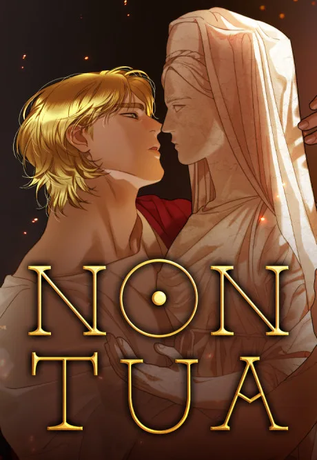 Non Tua Korean cover: a blond young man and a veiled woman in pale robes lean close, nearly touching foreheads, above gold Roman capitals