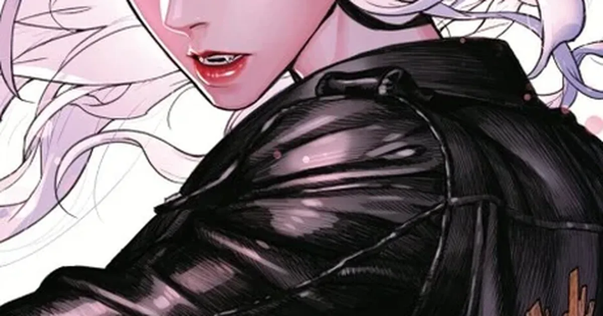 Hana Im from Unholy Blood mid-leap against a dark city backdrop, silver hair trailing behind her, a fallen raider below