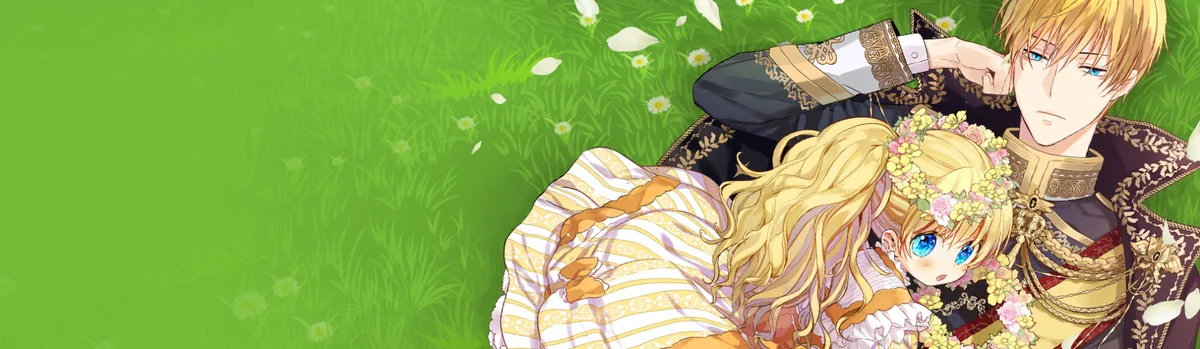 Who Made Me a Princess banner. Athanasia in a golden gown, her father Emperor Claude standing cold and distant behind her in the imperial garden