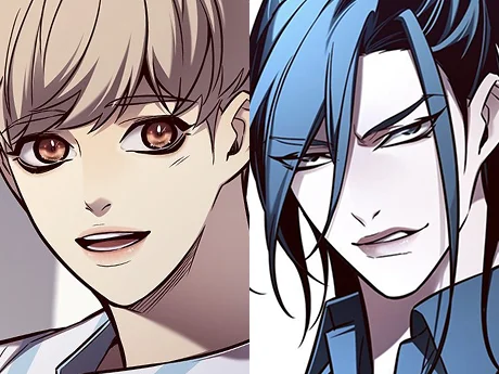 AniList character portraits of Jiwoo Seo smiling in his school uniform and Kayden Break in his human form with dark blue hair