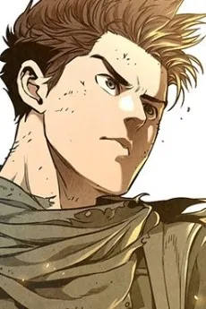Kang Chan character art: short brown hair, cut on his cheek, tan scarf around his neck, serious expression