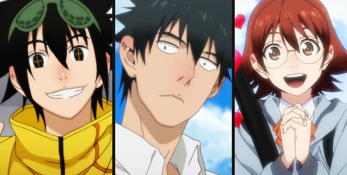AniList character portraits of Jin Mori, Han Daewi, and Yoo Mira, The God of High School's protagonist trio, each shown in their distinct signature outfit